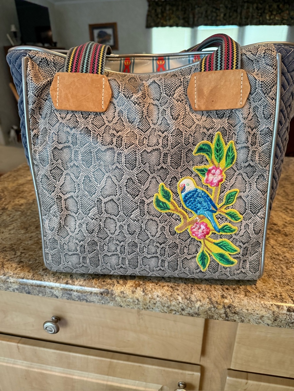 Consuela Embroidered Parrot Tote Bag in Gray